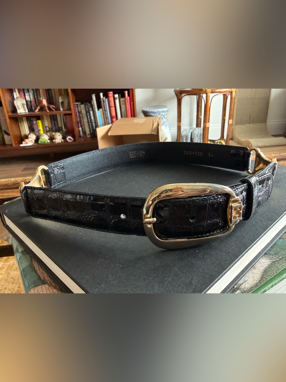 Vintage Black Patent Embossed Leather Escada Belt with Brass Horsebit Hardware